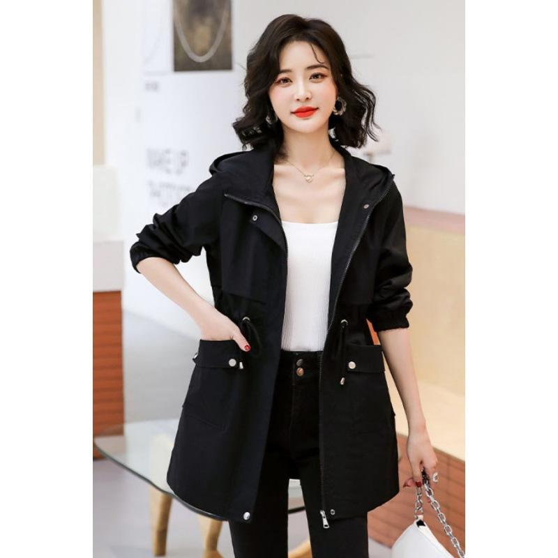 Hooded Mid-length Trench Coats Fashion Drawstring Windproof Jackets Women's Fashion Spring Fall Slim Jacket