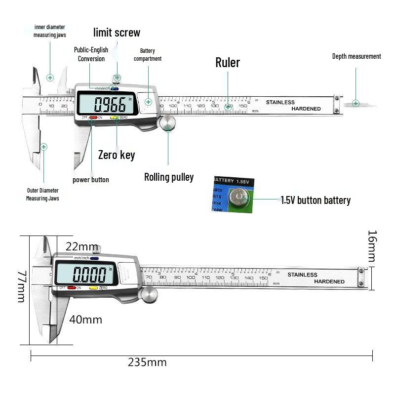 Electronic Digital Vernier Caliper with Three-Color Buttons, Stainless Steel, 0-150mm for Measuring Inner and Outer Diameters