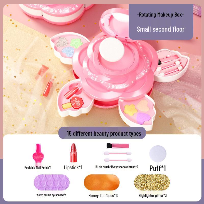 

Girls Pretend Play Makeup & Jewelry Set - Rotating Cosmetics Box with Nail Polish, Perfect Christmas Gift for Kids