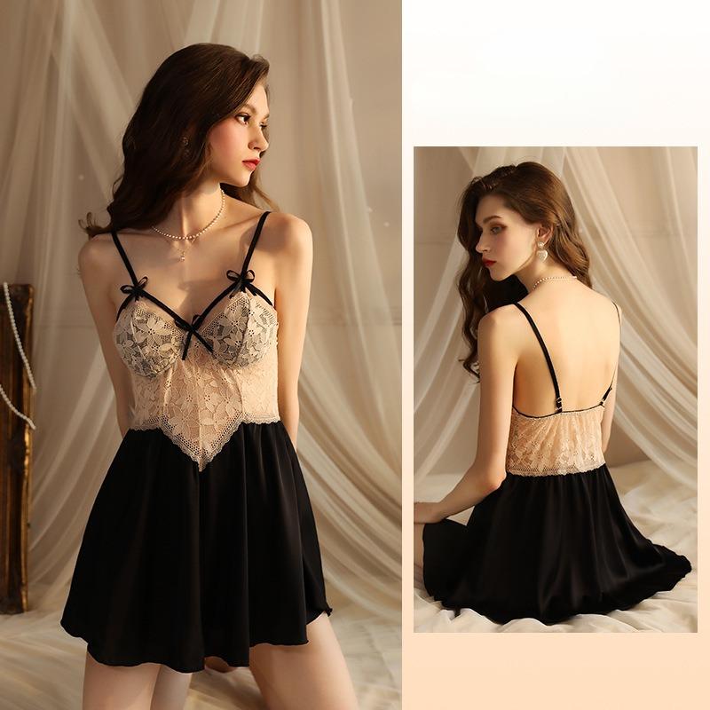 Summer and Autumn Sexy Deep V Lace Satin Perspective Suspended Sleeping Dress