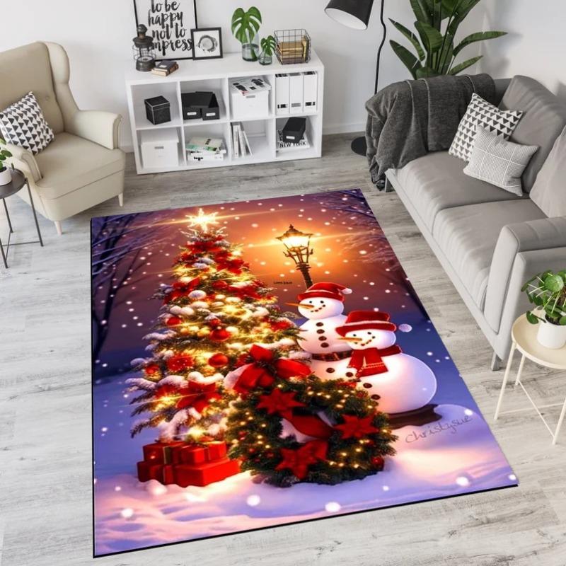 Christmas Themed Red White Rug Featuring Santa Christmas Tree and Gift Packages Living Room Washable Rug Non-Slip Rug Area Rug