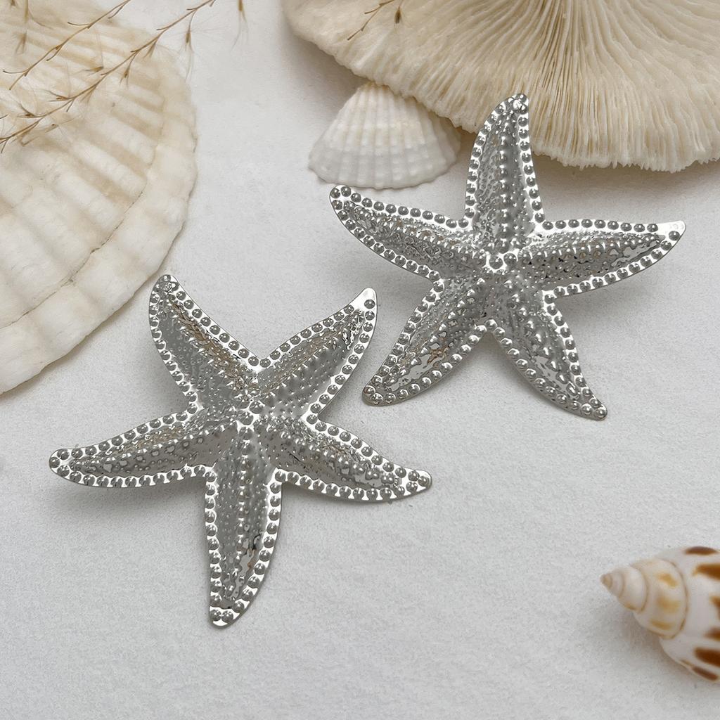 Beach Vacation Metal Pockmarked Starfish Shell Stud Earrings, Ocean Wind Conch Earrings