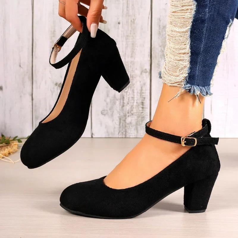 

Fashion Autumn New Thick Heels Women s Black One-line Buckle Shallow Mouth Woman Single Pumps Suede Large Size Work Shoes 35 чёрный