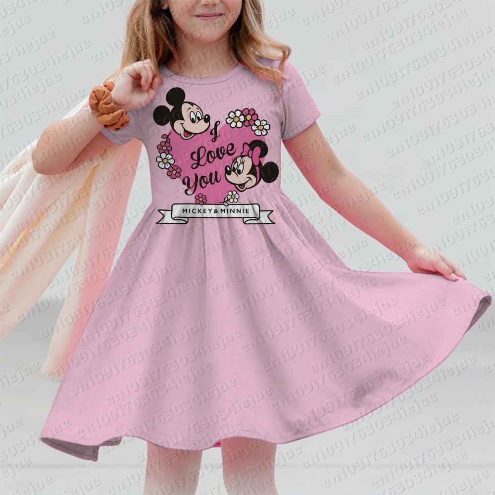 Disney Mickey Mouse Minnie Print Summer Dress Kids Girl Clothes Sweet Desserts Short Sleeve Casua Fashion Birthday Girl Dress