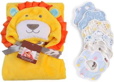 Baby Kleinkind Tier Bademantel Poncho und Baby Lätzchen 6er Set Originalware inklusive BM0211B [CREDIBLE] (Löwengelb)