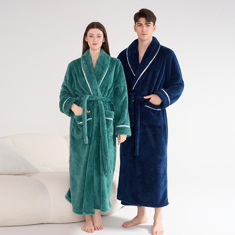 Men's Shawl Collar Robes Full Length Fleece Plush Bathrobes Soft Spa House Coat with Pockets Fluffy Spa Robes Unisex Winter Cozy Warm Spa Long Robe