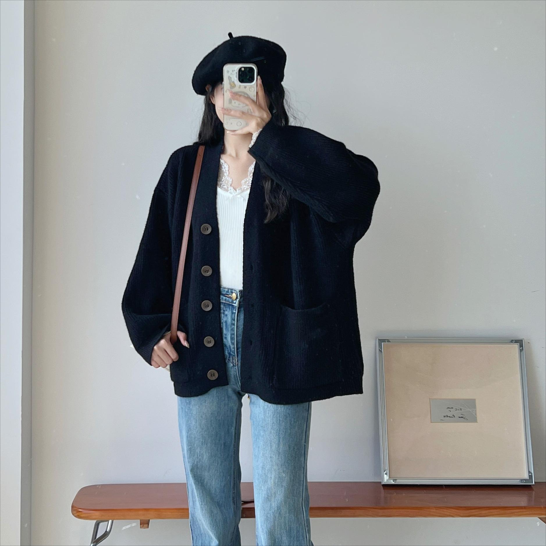 

2025 Новый Осенний Женский Свитер Вязаный Базовый Модный Топ Футболка Кардиган Длинный Рукав Однотонная Рубашка Свободное Синее Пальто One size