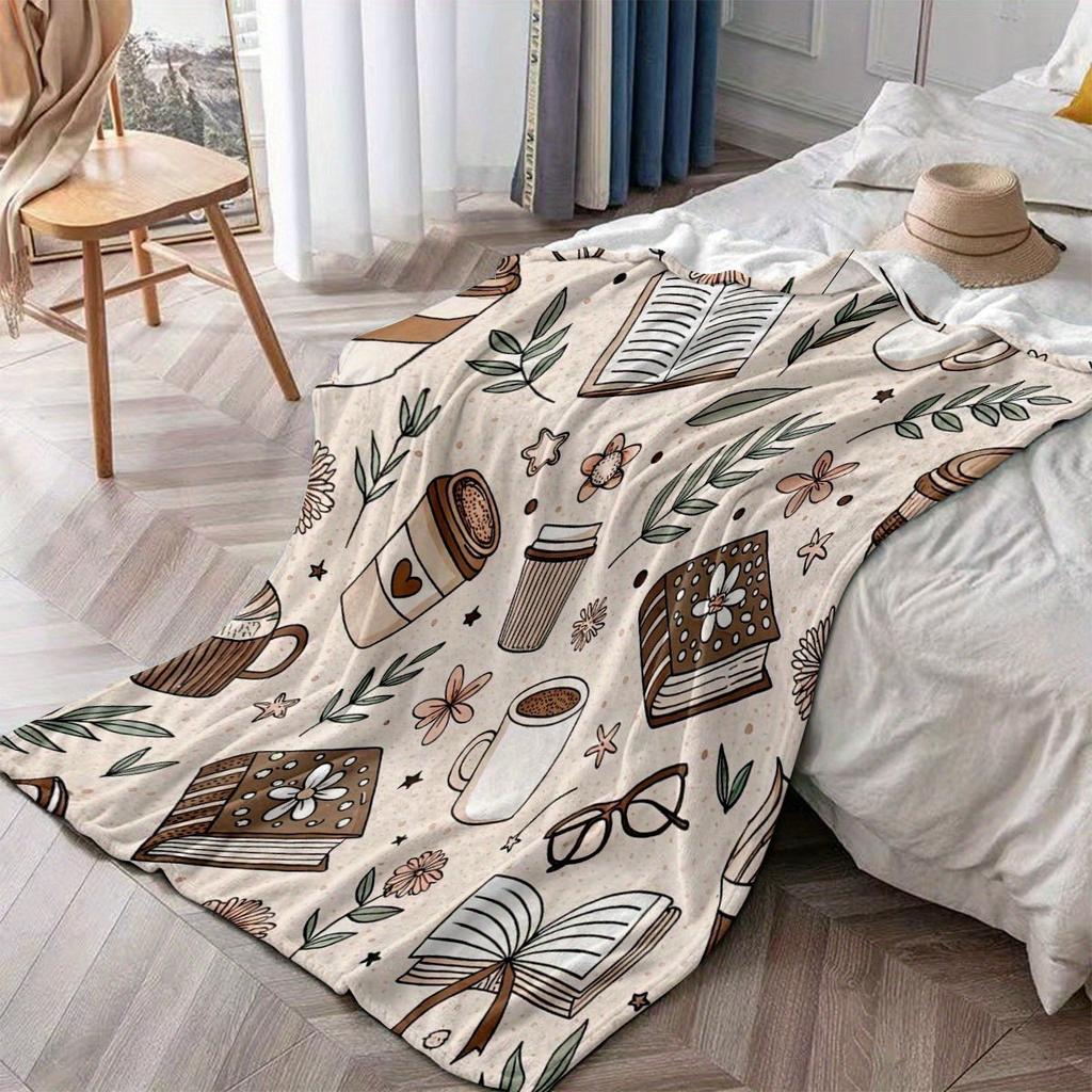 A Cozy Fleece Blanket Featuring a Book Theme Design with Soft Bedding, Perfect for Decorating a Modern Reading Nook Year-Round