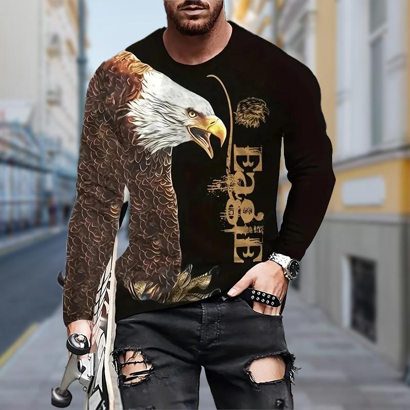 

Мужская футболка с принтом орла, длинный рукав, круглый вырез, уличная одежда с 3D-принтом 8XL дубильная кора