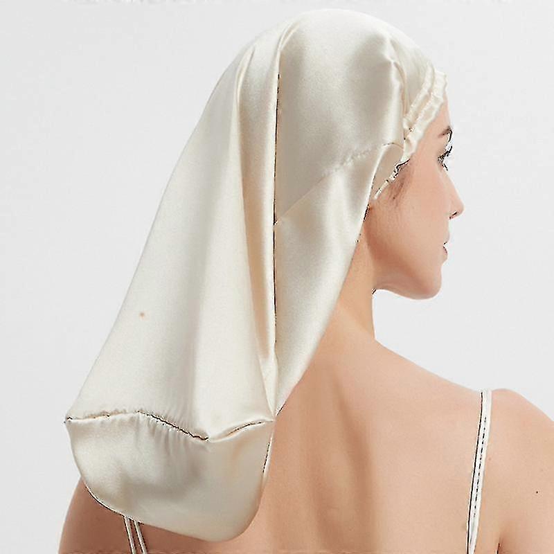 100% Maulbeerseide Nachtmütze für langes Haar, lange Seidenhaube Schlafhaube (Beige)