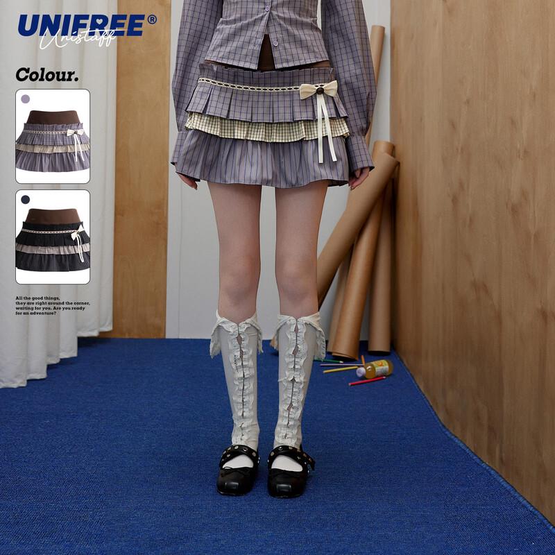 UNIFREE 2026 Spring Plus Size Ruffled Patchwork Mini Skirt with Bow Brooch 2XL