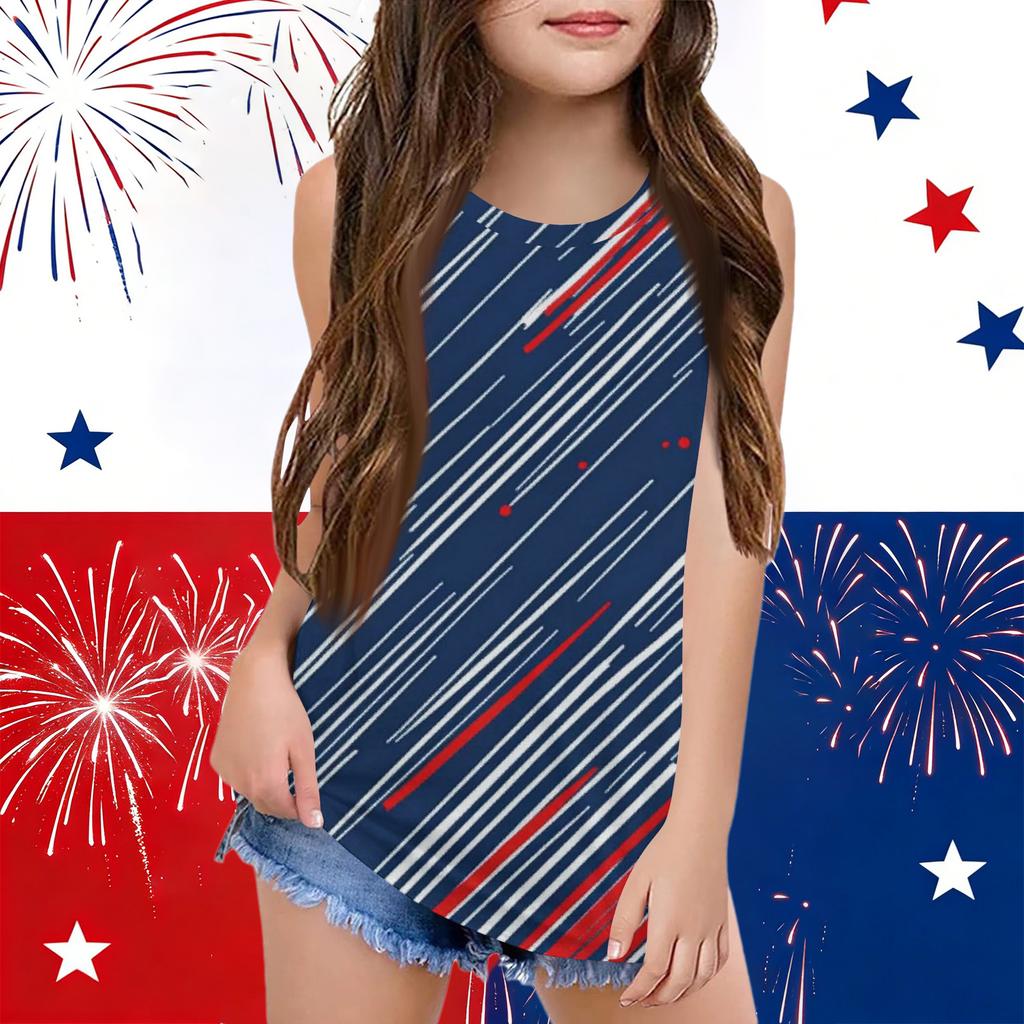 Girls  Kids Summer Crewneck Sleeveless Shirts Tank Tops Independence Day
