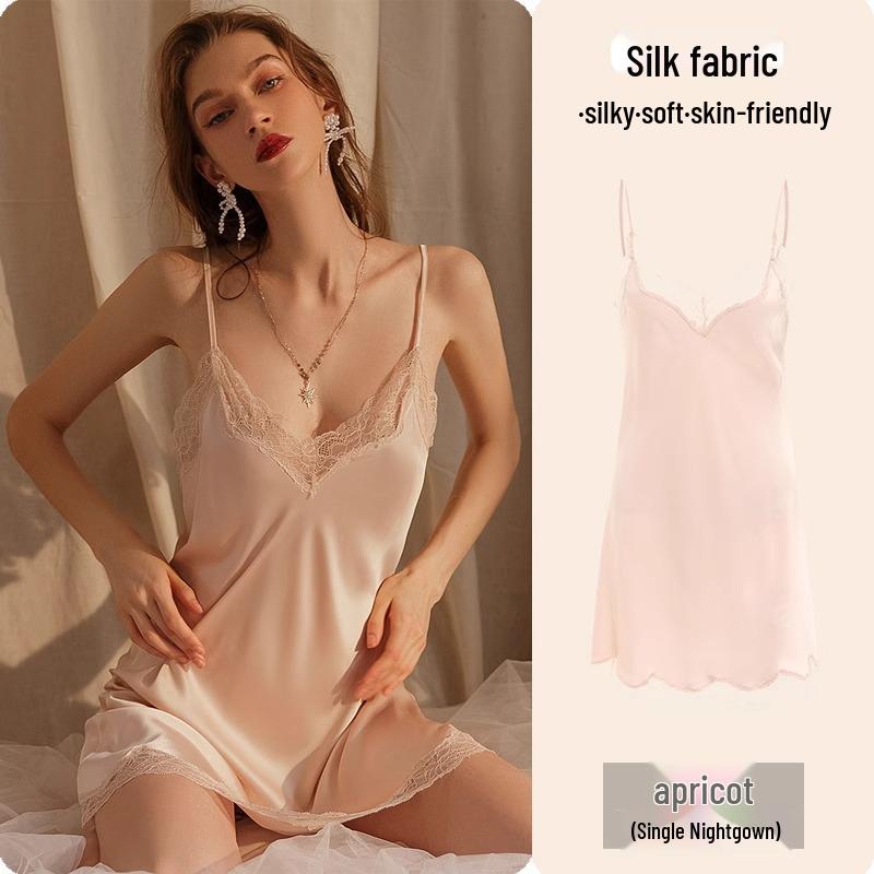 Camisón de Encaje de Seda de Hielo de Alta Gama Verano 2025 para Mujer - Estilo Puro Deseo con Almohadilla en el Pecho, Talla Grande Disponible