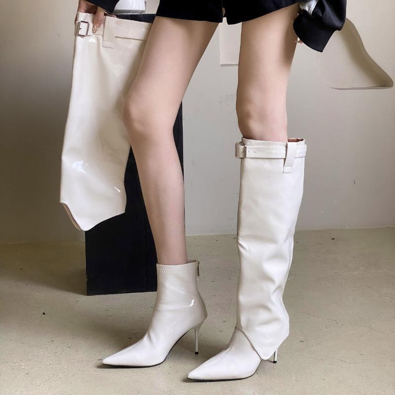 

Boots Women s boots Autumn new two wear thin heel belt buckle stacking boots with skirt temperament thin boots 35 белый