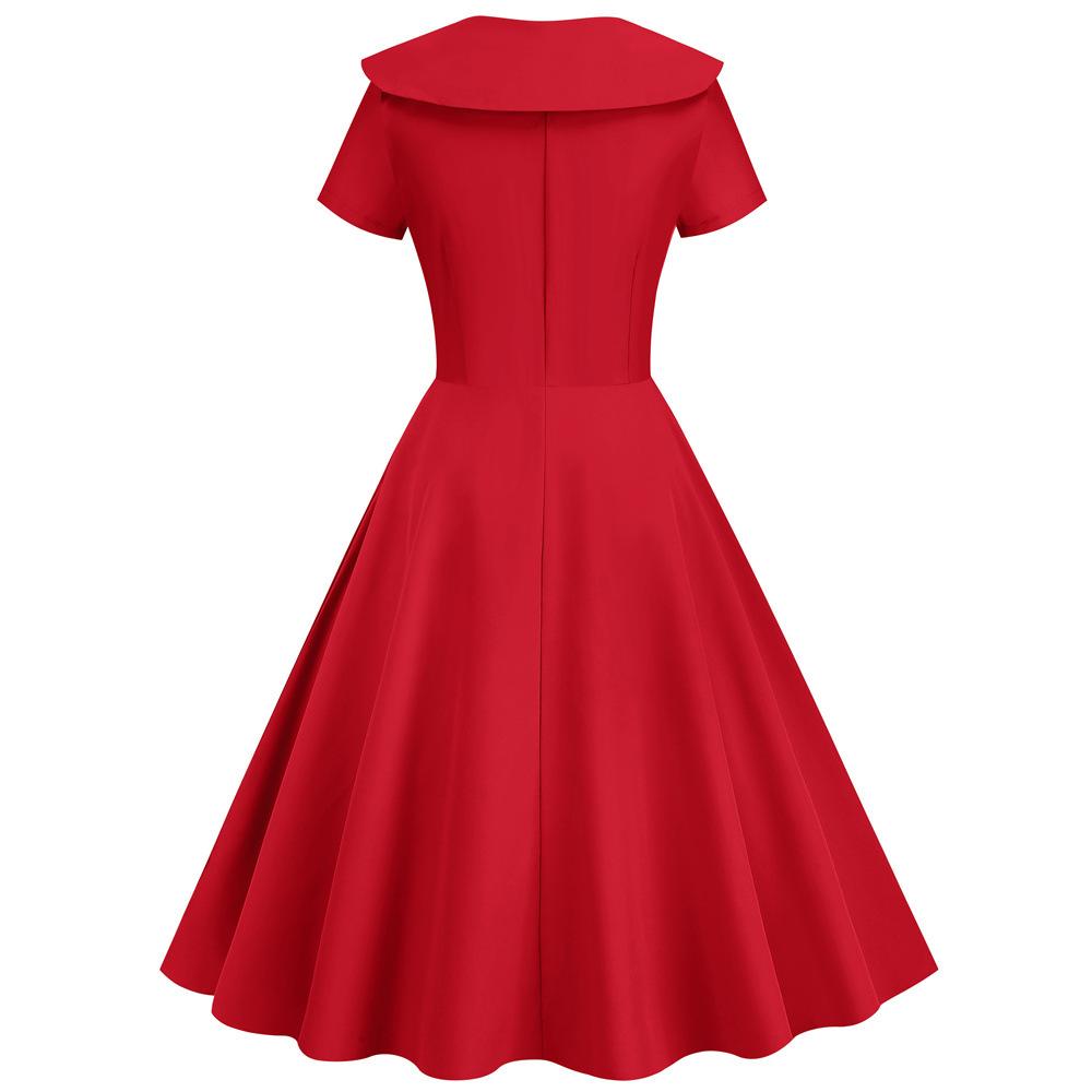 Retro Women Dress Turn-down Collar Shortn Sleeves A-line Big Swing Buttons Slim Fit Solid Color 50s Ball Prom Midi Dress