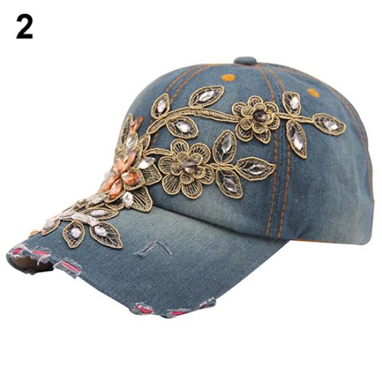 

Women s Embossing Flower Denim Baseball Cap Summer Rhinestone Snapback Jeans Hat темно-синього кольору