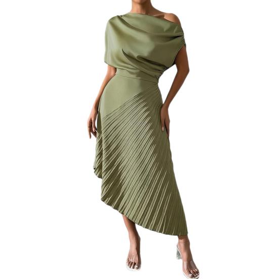 Vestido de Noche Formal Plisado para Mujer Vestido Plisado de un Solo Hombro Línea A Manga Corta Fruncido Vestido de Fiesta Cóctel