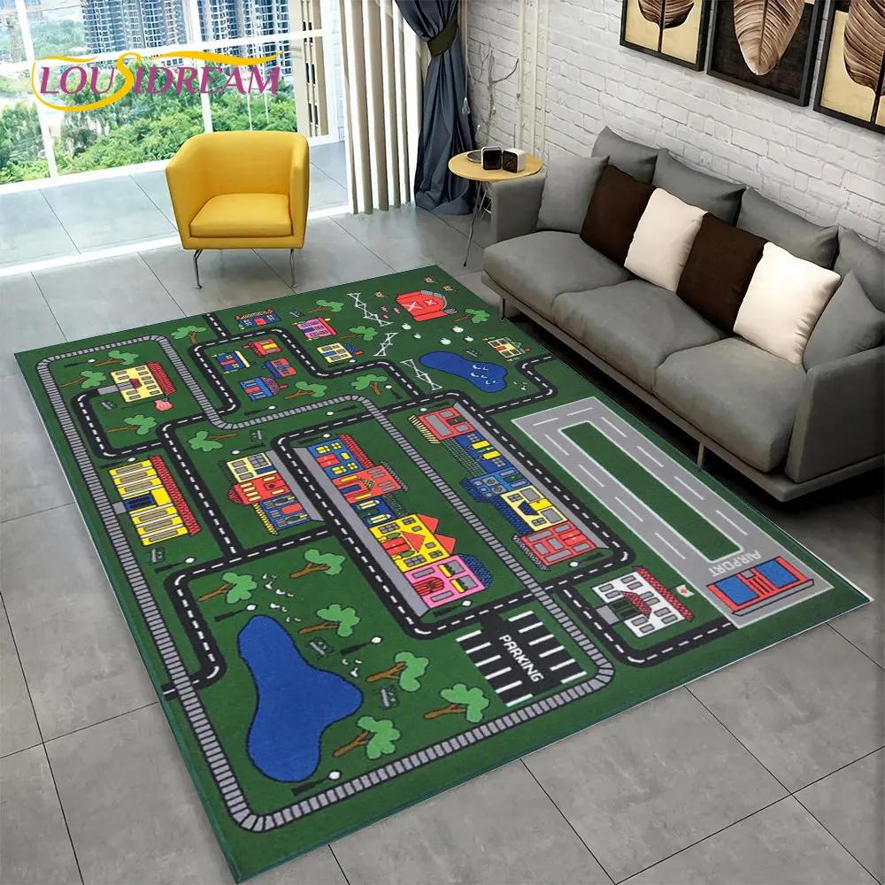Highway City Traffic Cartoon Area Rug,Carpet Rug for Living Room Playroom Children's Bedroom Decor,Kid Game Non-slip Floor Mat