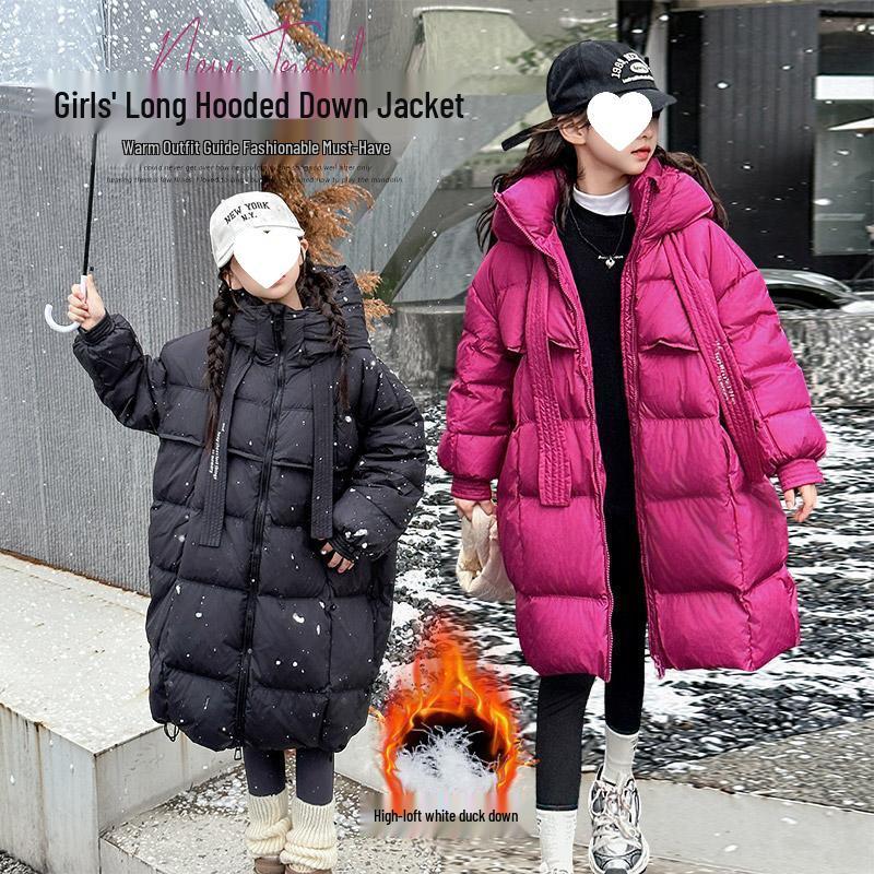 2025 Girls' Winter Fashion: Mid-Length White Duck Down Jacket, Thickened for Big Girls