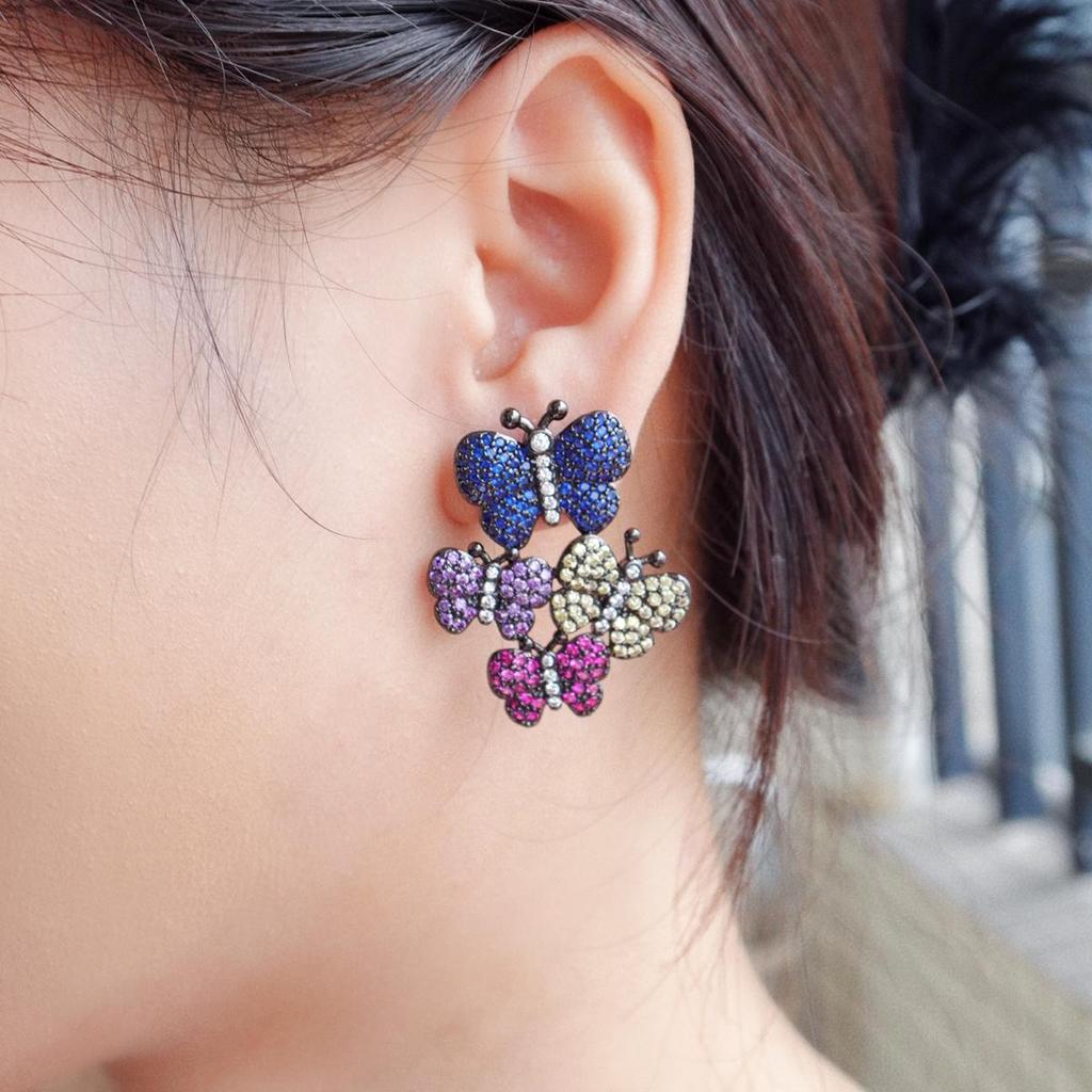 WWJ Creative Design Sense Flower Butterfly Retro Palace Style Micro-Inlaid Color Zircon Women's Party Drop Earrings