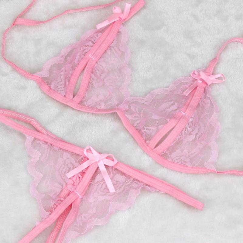 Lady Lace Pajama Sets Sexy Lingerie Sleepwear Tie Band Out Top And Hollow Out Thin Strap G-String Ultra Thin Home Clothes