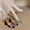Quadratischer Absatz High Heels Schleife Strass Rot HochzeitsSchuhe Brautschuhe Frühling und Herbst Französisch dicker Absatz EinzelSchuhe