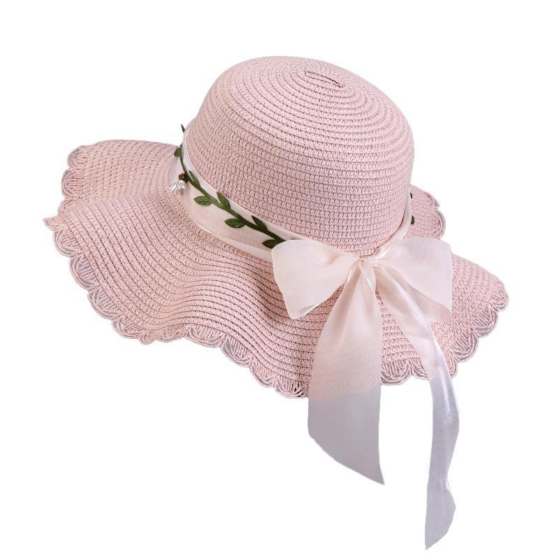 Sommer Damen Schleife Stroh Große Welle Strand Strohhut Outdoor Atmungsaktiv Sonnenschutzhut