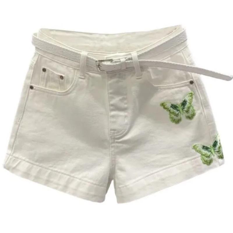Women s White High-Waisted Denim Shorts Green Butterfly Embroidery Casual Shorts with Belt S бежевый