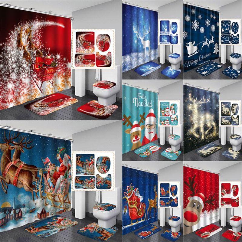Premium Christmas Shower Curtain With Toilet Seat Cover Mats Rug Set For Stylish Holiday Bathroom