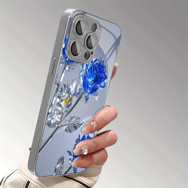 Stilvolle Kristallblau-Rosenmuster-Galvanisierte Handyhülle Für Samsung Galaxy S25 S24 S23 Ultra Plus FE Gehärtetes Glas Cover