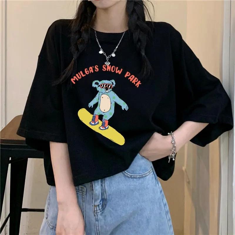 Summer Cotton Fashion Short Sleeved T-shirt Women's Black Lazy Style Small Loose Short Top