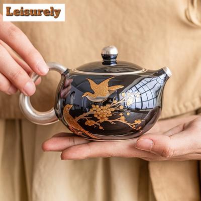 200ml High End 999 Gilded Silver Teapot Vintage Pearl Glaze Flower And Bird Xishi Pot Tea Maker Kettle Teaset Accessories Craft