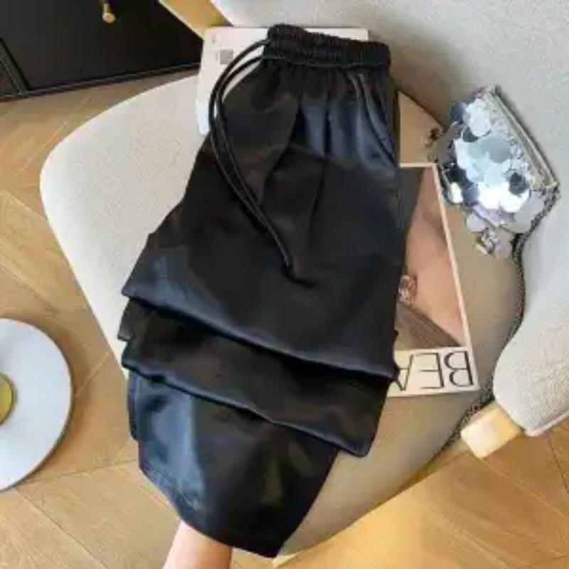Women's White Satin Wide Leg Pants Elastic Waist Drawstring Trousers Casual Streetwear