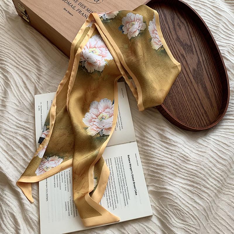 Silk scarf, long strip, high-end summer new neck protector, matching shirt, peony scarf, scarf, headscarf, headband, streamer.