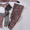 CINOON Damen Sexy Leopard Print Push-Up BH-Set Doppel-Schulterträger Spitze Einsätze Dessous-Outfit Mit Oberschenkelhohen Strümpfen