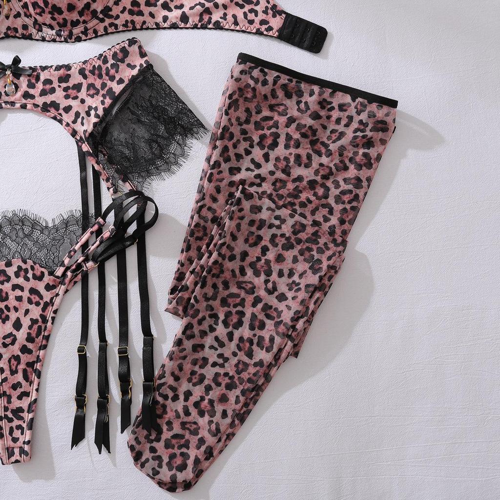 CINOON Damen Sexy Leopard Print Push-Up BH-Set Doppel-Schulterträger Spitze Einsätze Dessous-Outfit Mit Oberschenkelhohen Strümpfen
