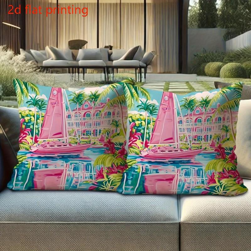 

Tropical Style Outdoor Throw Pillow Covers Boat-Shaped Palm Tree Pattern Pink Green Blue Single-Side Print Decor Cushion Cover