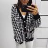 V-Neck Women Button Black Houndstooth Cardigan Long Sleeve Sweater Autumn Winter Knitted Loose Oversized Jumper Casual