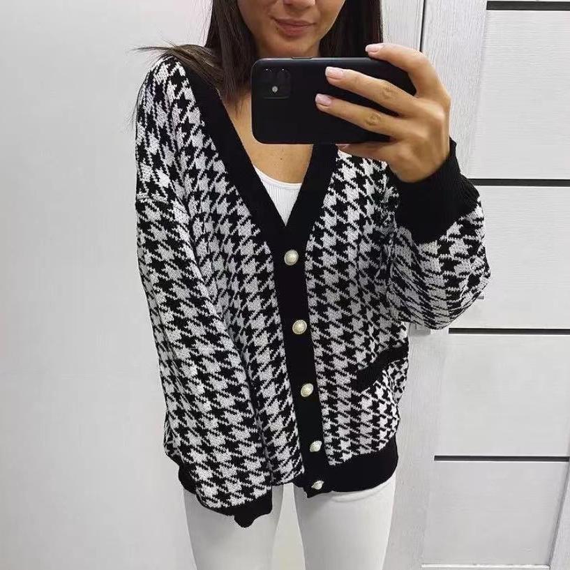 V-Neck Women Button Black Houndstooth Cardigan Long Sleeve Sweater Autumn Winter Knitted Loose Oversized Jumper Casual