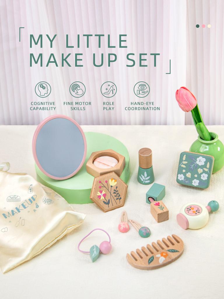 Wooden Makeup Toy Set for Toddler Pretend Play,Wood Beauty Salon Toys Cute Wooden Makeup Kit with Realistic Accessories Gift