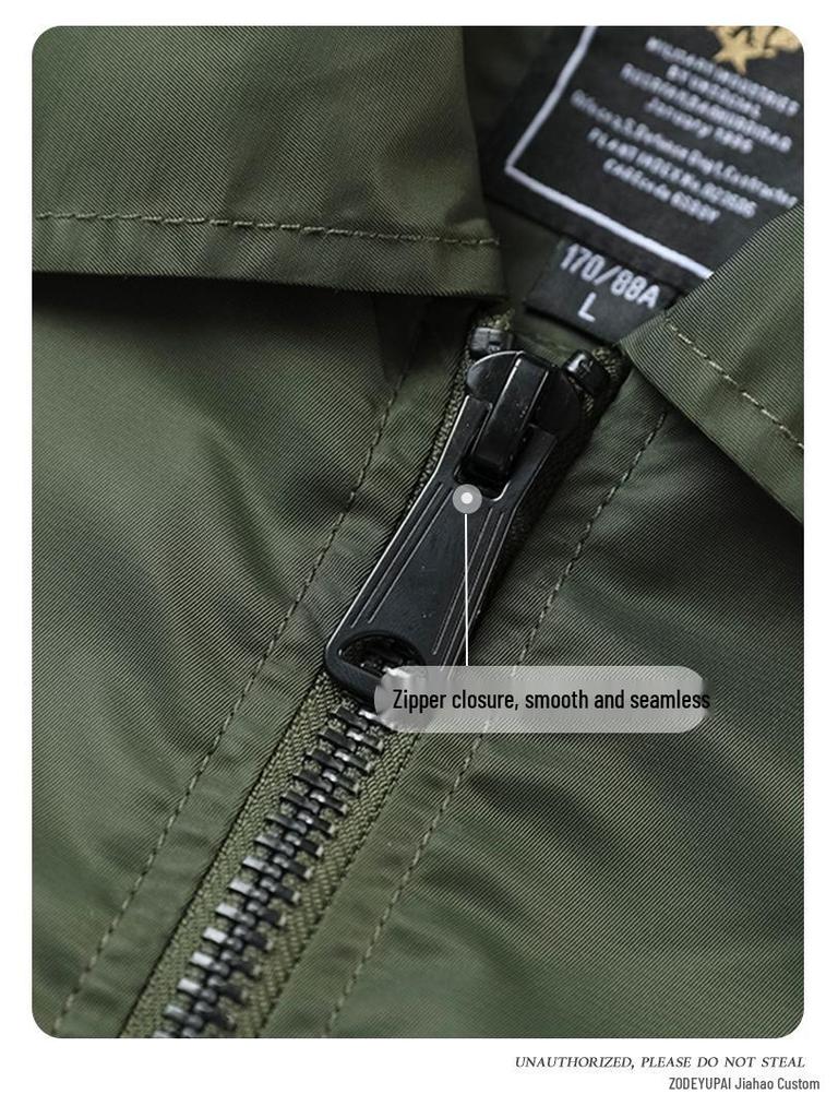 European & American Style Custom Printed Waterproof Flight Jacket with Stand Collar, Cotton Insulation, and Embroidered Logo.