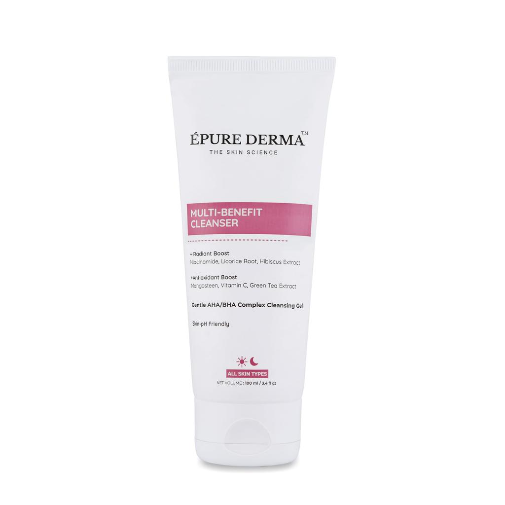 ÉPURE DERMA Multi-Benefit Cleanser | Gentle AHA/BHA Complex Cleansing Gel | Radiant Boost | Antioxidant Boost | For Sensitive/All Skin Types | 100m