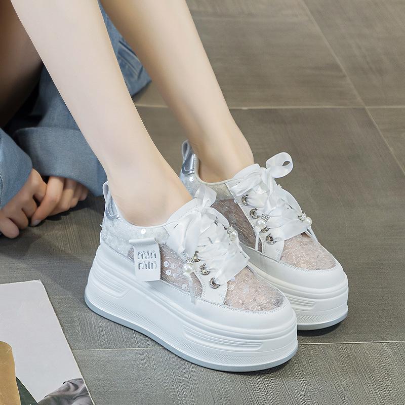 Spring and summer new versatile thick-soled inner height-increasing mesh breathable sequins mesh shoes casual muffin shoes