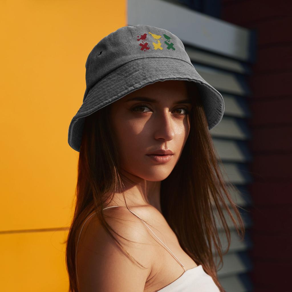 Beach Hatwear Ajax 3 Little Birds Washed Denim Bucket Hat Trendy Men Women Sun Hat Ispoti Foldable Fishing Hat Outdoor