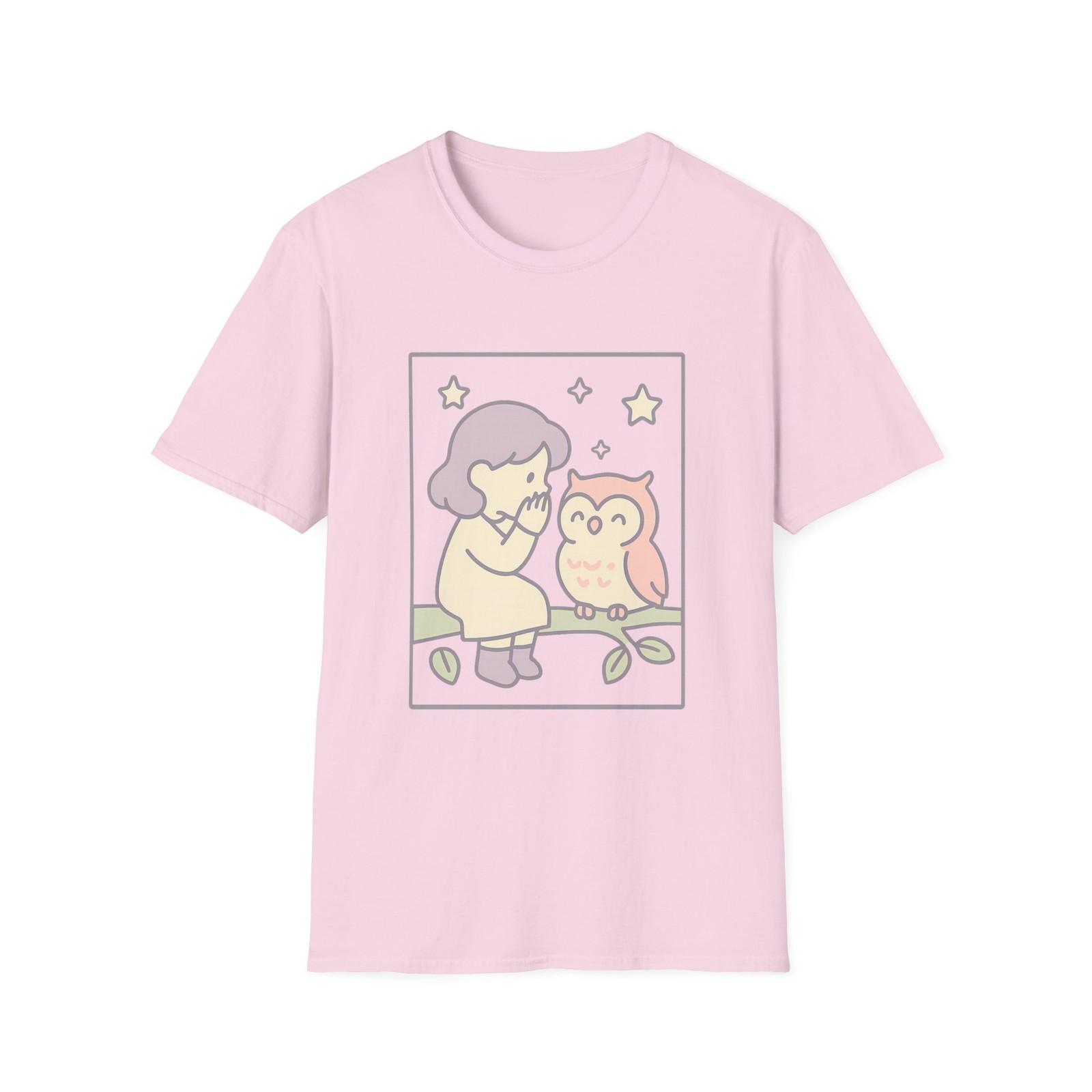 Unisex Softstyle Whimsical Owl and Child T-Shirt Mens Womens Tees Top | Nighttime Forest 4XL