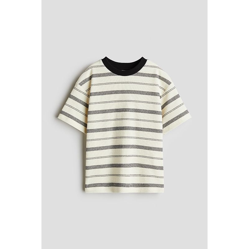 

HM Children s Clothing Boys T-shirt 2025 Autumn New Arrival Soft Jersey Loose Jacquard Short Sleeve Tops 1282496 Light yellow/Stripes 002 150/76