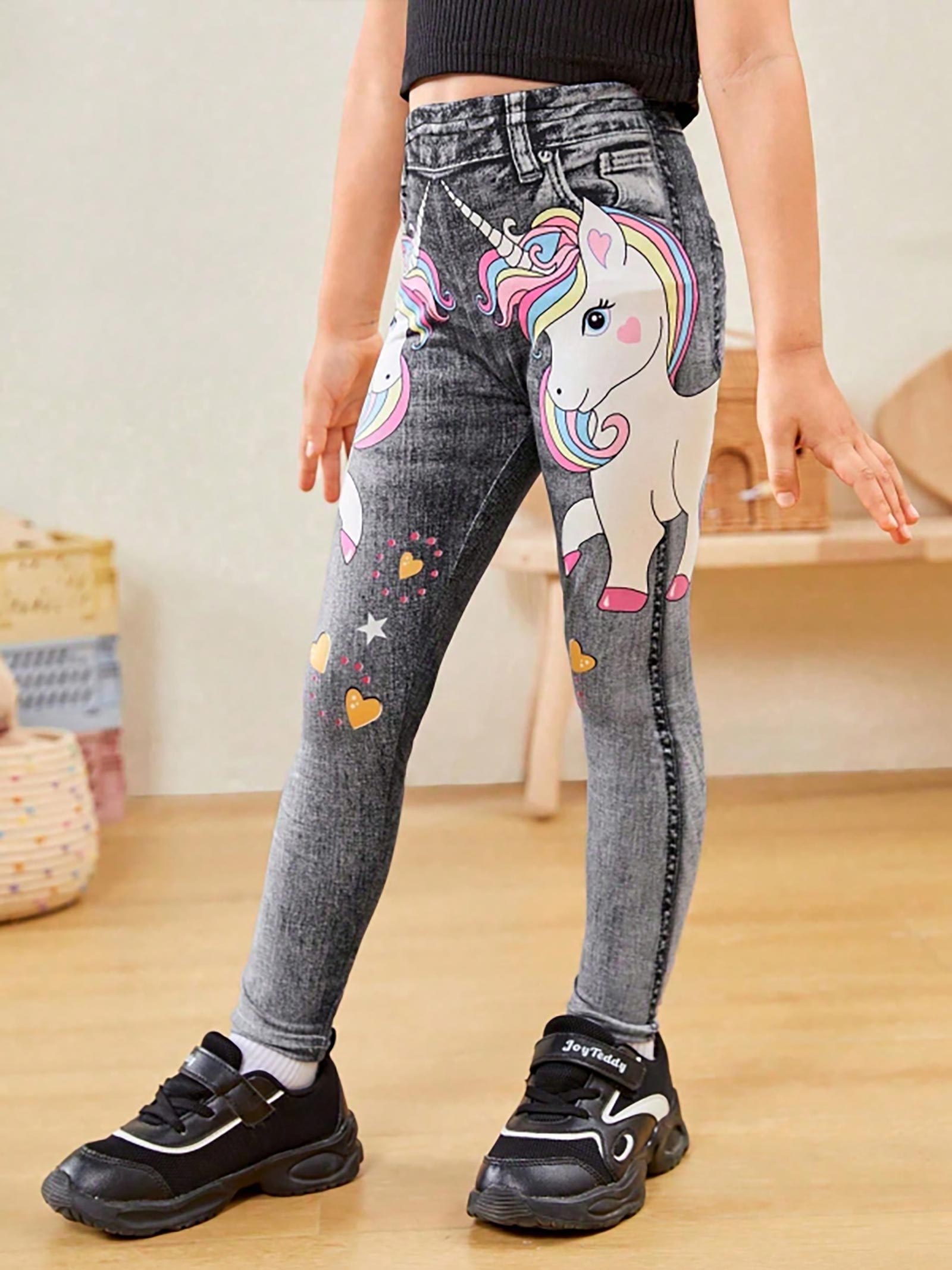 

Little Girls Unicorn Denim Print Leggings Stretchy Pants 4-7 Years Cute Cartoon Casual Trousers 7Y