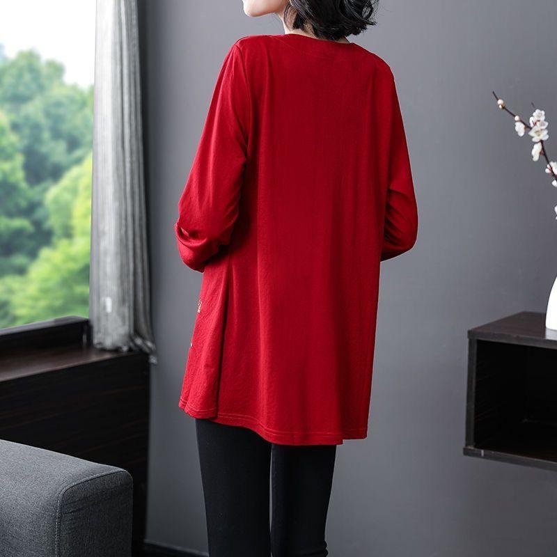 New Retro Embroidered T-shirt Women's Loose Long-sleeved Mid-length Slimming Bottoming Top