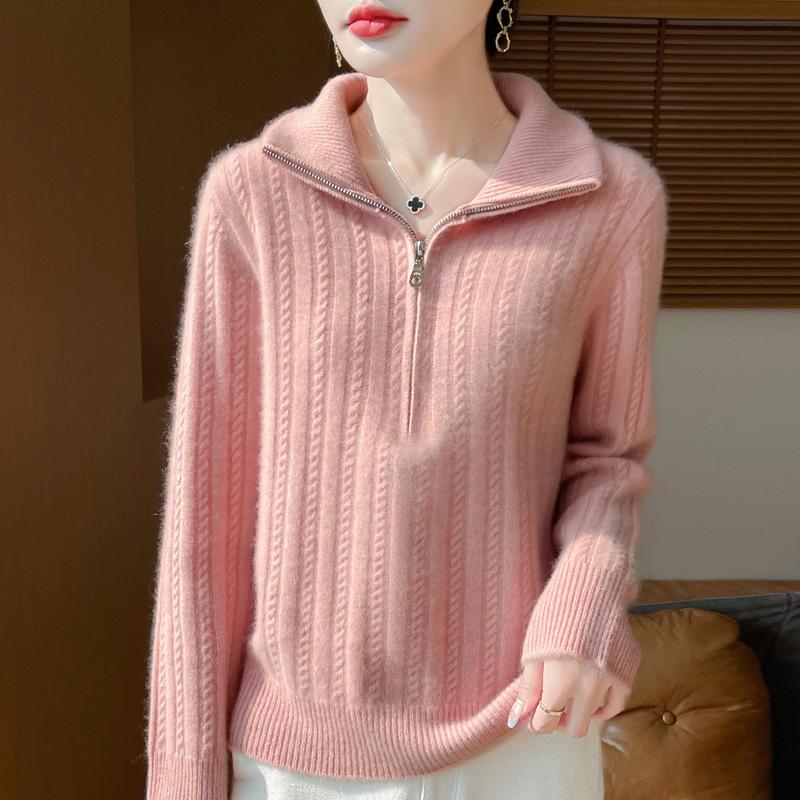 Women's 100% Pure Wool Thickened Half-Zip Cable Knit Cardigan