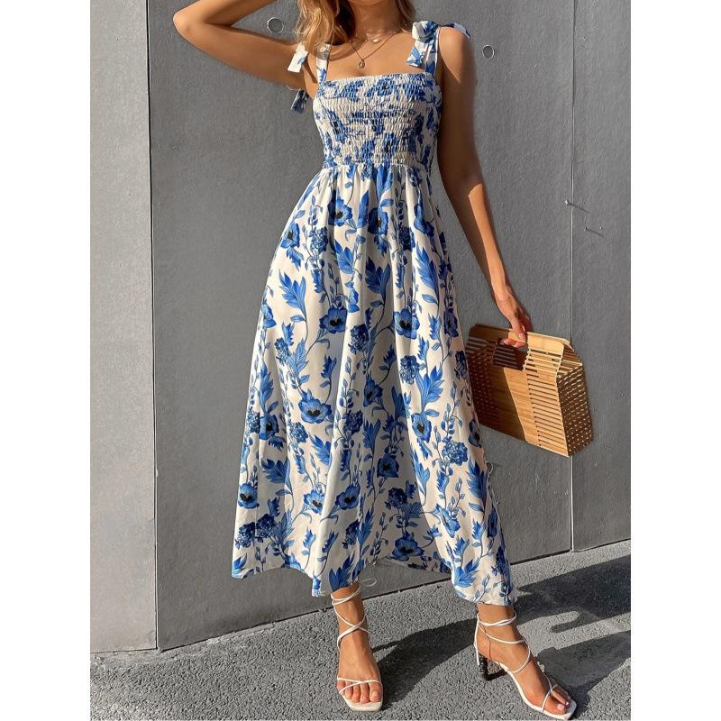 Women Floral Print Maxi Dress Square Neck Tie Shoulder Smocked Waist Casual Vacation Wear
